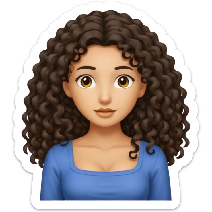 A tan girl with SUPER long dark curly hair and a square neckline shirt sticker