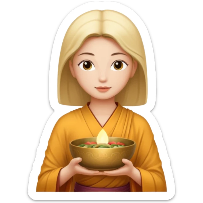A woman  holds a Buddhist bowl in her hands. There is a glow around the girl. sticker