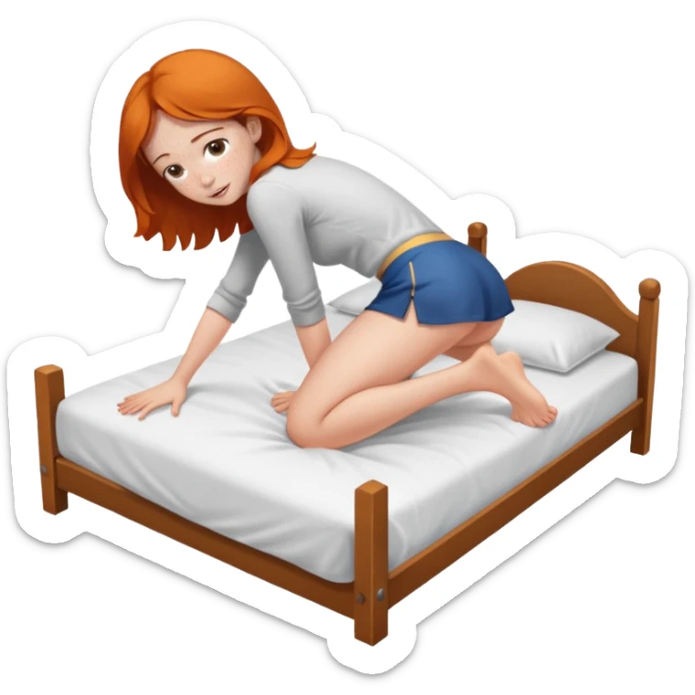 Fullbody nude very beautiful girl very beautiful face with freckles, big boobs, big ass, sexy body, bending over a bed spreading ass, getting ready for sex, realistic sticker