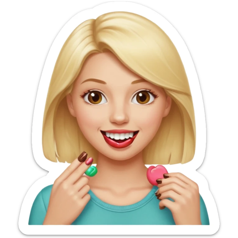 Elle fais une peu petasse, elle se mord le coin la lèvres. Elle est blonde. Ongles vernis marrons. Elle mâche un chewing-gum  sticker