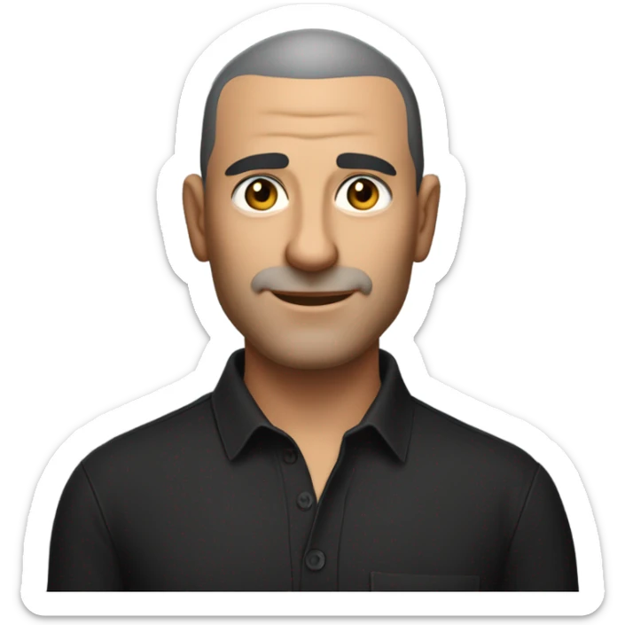A middle-aged italian man with olive-toned skin with buzz cut hair and no facial hair. He is wearing a sleek black smart shirt, casually unbuttoned at the top. sticker