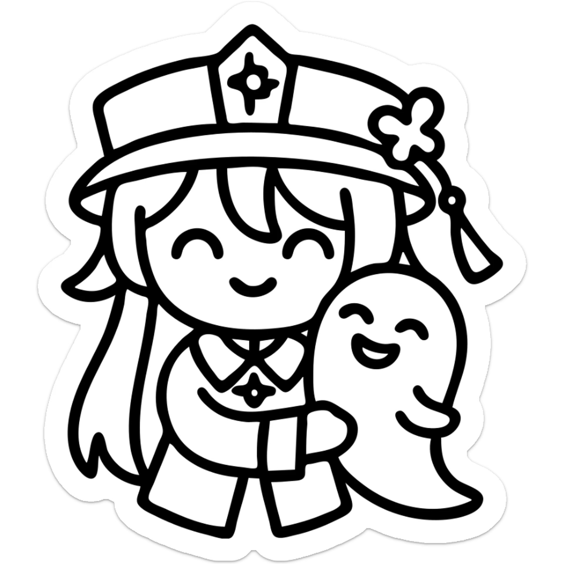 icon of a chibi character with Hu Tao's signature hat and outfit, holding a ghost, simple icon style sticker