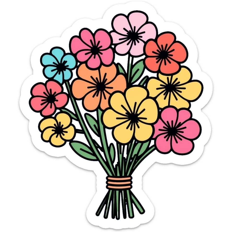 bouquet of flowers with various colorful flowers tied together sticker