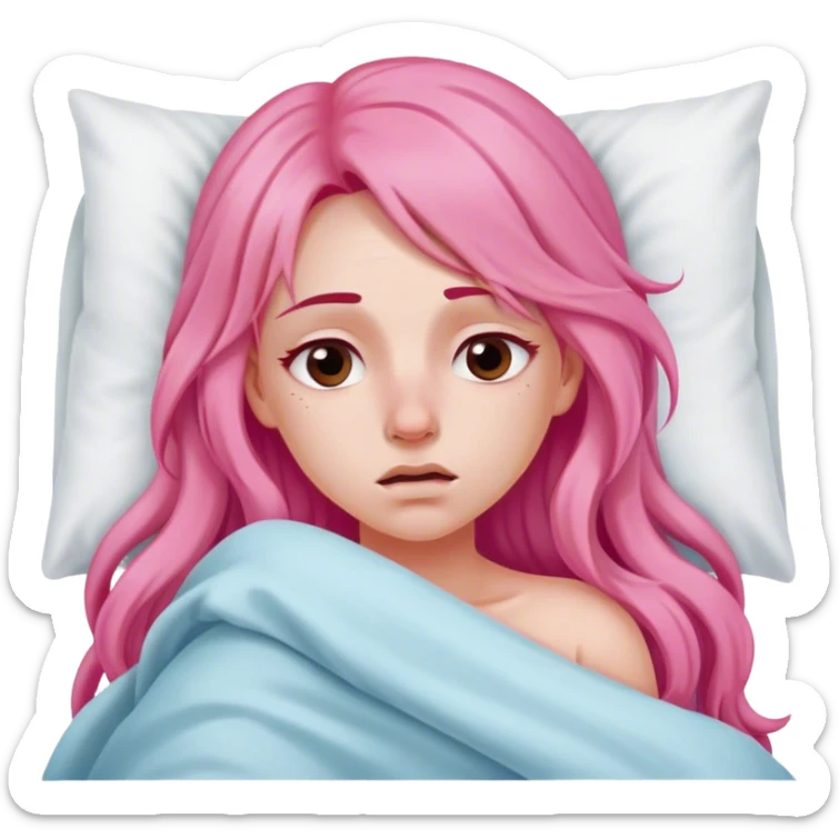 Young Woman with long pink hair In bed with sinus pain  sticker