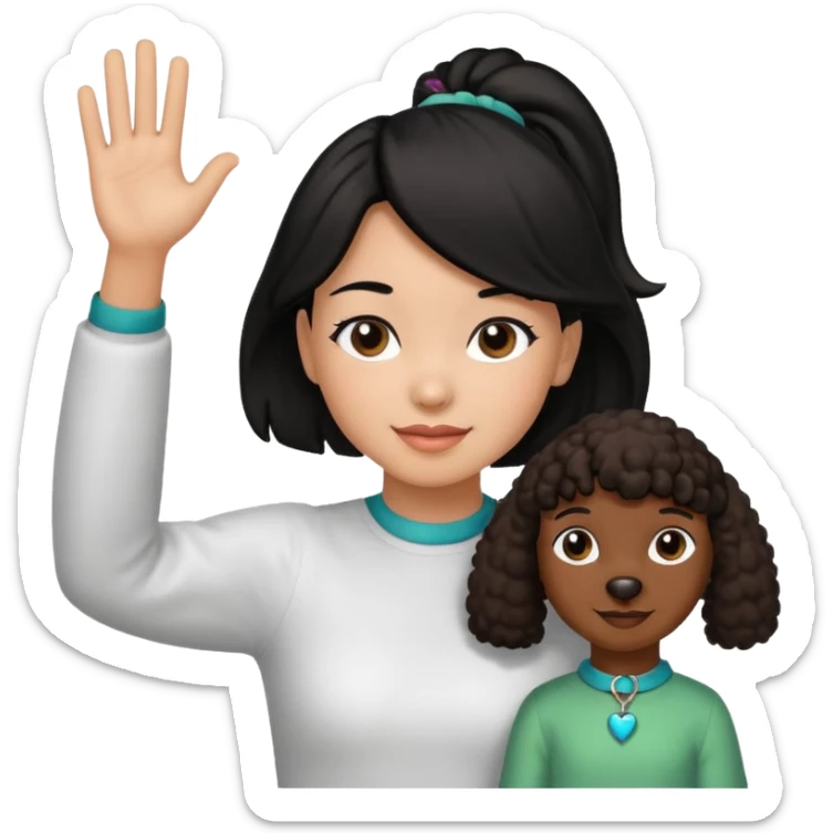 Ponytail black hair girl with brown Poodle say goodbye  sticker