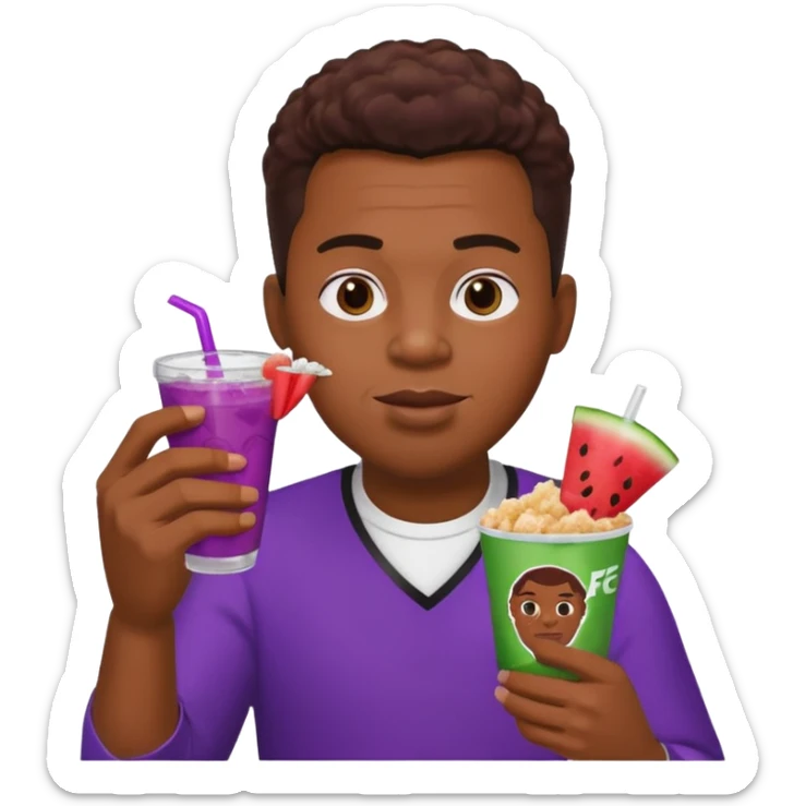 A black male eating KFC chicken and watermelon with a purple drink on the side ￼ sticker