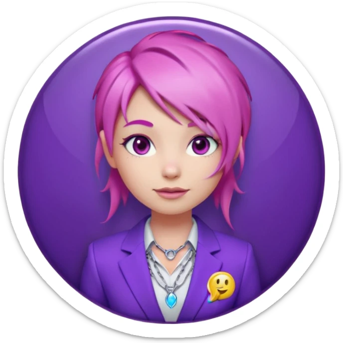Cute 3D emoji-style girl sexy character with pink hair and purple eyes, inside a circular badge. No hands, no pose. Clean purple suit with a glowing neon-blue ‘C’ logo on the chest, small lightning accent. Smooth Apple-style lighting, friendly expression sticker