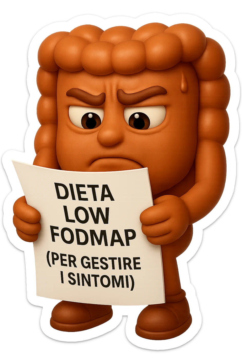 EMOJI STILE IPHONE DI UN INTESTINO UMANO ANATOMICO CHE GUARDA UN FOGLIO CON LA SCRITTA "DIETA LOW FODMAP (PER GESTIRE I SINTOMI)", FAGLI ANCHE LA PARTE BIANCA DEGLI OCCHI, NON SOLO LE PUPILLE, IPERREALISTICO 4K sticker