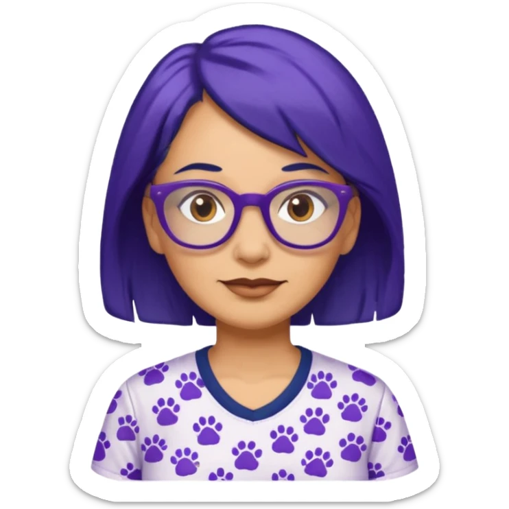 50-year-old woman with hair that is navy blue, purple glasses, and brown eyes, in a shirt with small pawprints all over it. sticker