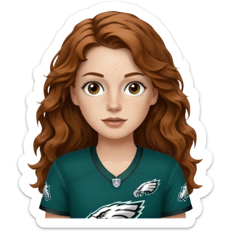 White girl with thin long brown wavy hair and freckles wearring a Philadelphia eagles jersey sticker