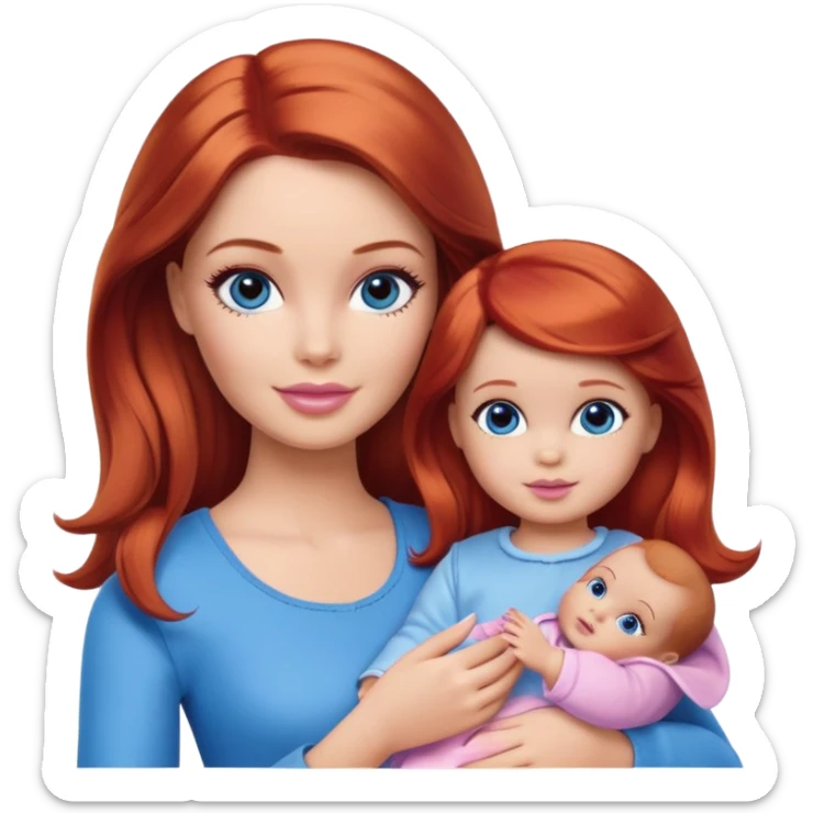 A barbie girl with makeup with brown hair with a baby, a daughter, a girl with red hair, holding her hand in blue clothes sticker