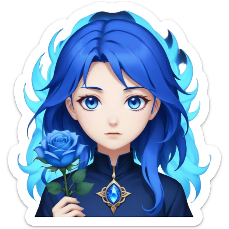 anime girl with dark blue hair, blue rose in hair, glowing blue eyes, Solo Leveling style, sharp features, blue magical aura, 2D emoji sticker
