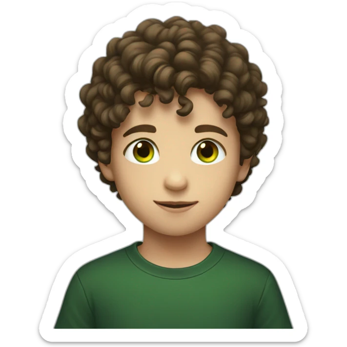 Young boy with short brown curly hair and black tee shirt and green eyes sticker
