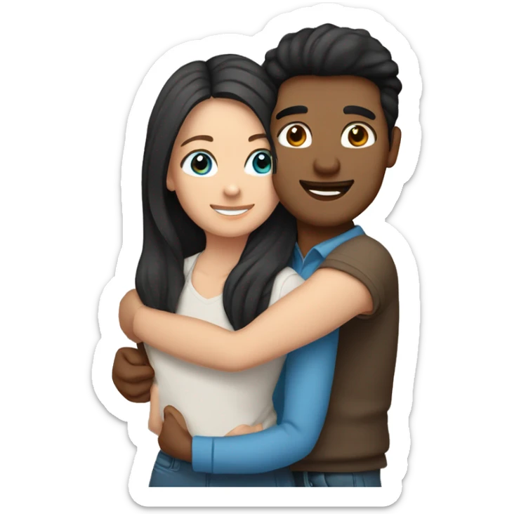 Friends hugging each other. Indian man with black hair. White woman, blue eyes and long light brown hair sticker