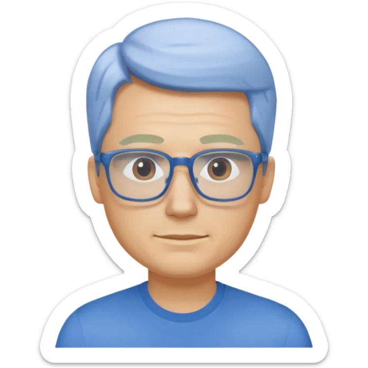 portrait of US man, wearing a blue shirt, square glasses, blonde hair sticker