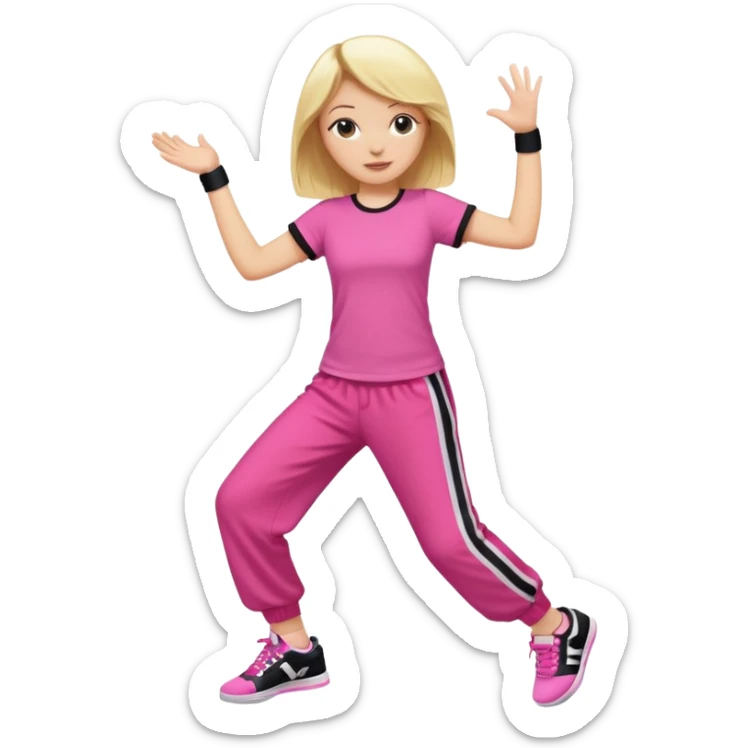 Hiphop dancer, with cute big pants, sneakers, and t-shirt. White girl blond. Coloufull shirt. No pocket pants. Dancing. No orange. Pink and black sticker