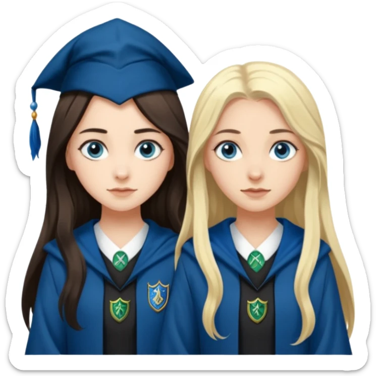 a pretty ravenclaw girl with long dark brown hair and blue eyes standing with a pretty Slytherin girl with long blonde hair, blue eyes sticker