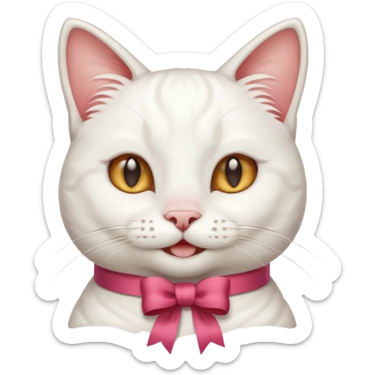 Head of a white cat, smiling, with a loose ribbon on top of its head
 sticker