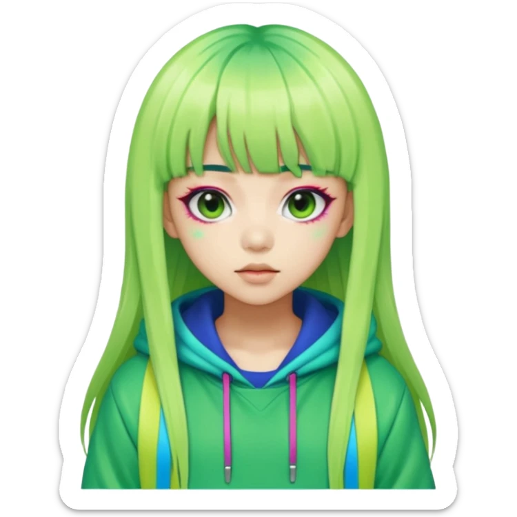  portrait-of-a-green-skin-alien-k-pop-idol,-wearing-a-stylish-streetwear-outfit-with-layered-colorful-clothing,-long-hair-with-bangs,-makeup,- sticker