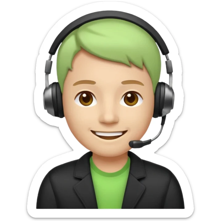 A modern flat emoji depicting a call center employee wearing a light green T-shirt and black jacket, with a headset, a friendly expression, a minimalist design, bright colors, and a white or transparent background. sticker