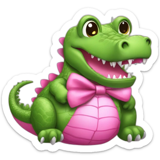 i need a PINK crocodile emoji but this crocodile must be pink. he has a baby pacifier in his mouth and a bow on his head. he also holds a teddy bear in his paws sticker