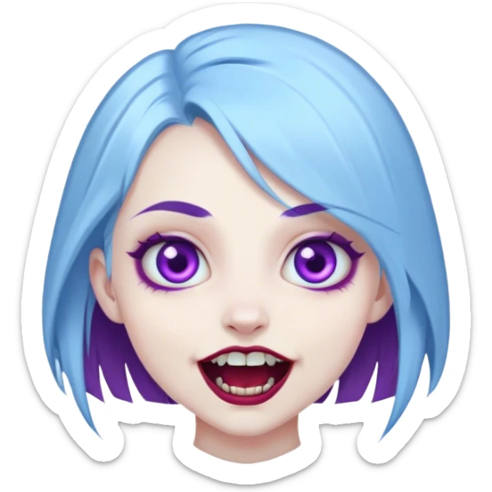 pale girl with baby blue hair, purple eyes and vampire teeth sticker