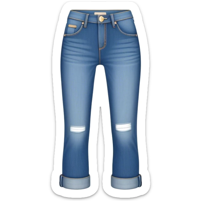 A medium-length blue denim jeans emoji, styled like rolled-up capri jeans. The jeans are not too long or short — ending just below the knee. They feature a button and zipper closure, visible stitching, side and back pockets, and a slightly faded, casual look. Perfect for a trendy, relaxed vibe sticker