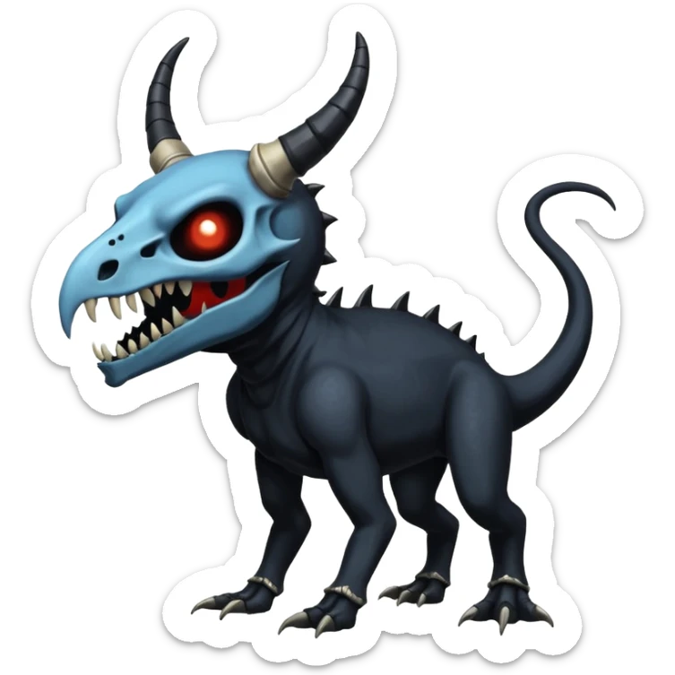 Shiny Dark Edgy  Duskull-Salandit-Inteleon-Amaura-Fakémon-hybrid-creature (full body) with a horned animal-skull-mask sticker