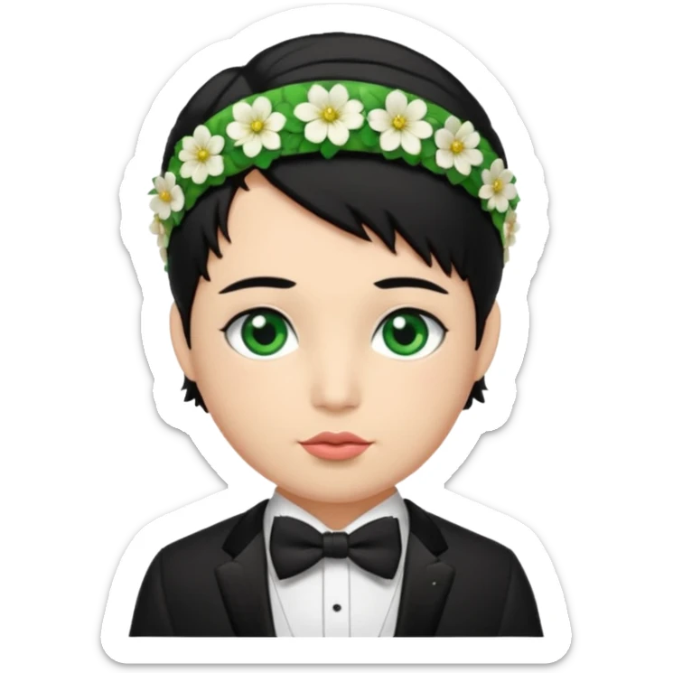 black haired green eyes very plump lips and floral headband that makes his hair look behind nicole peltz at wedding sticker
