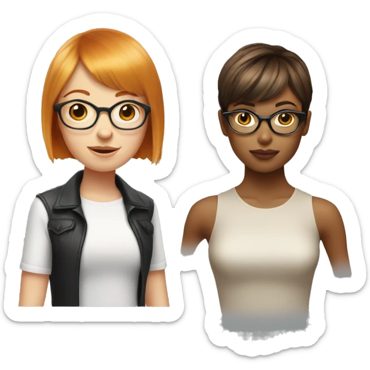 Red head short hair with bangs next to blonde girl with glasses sticker