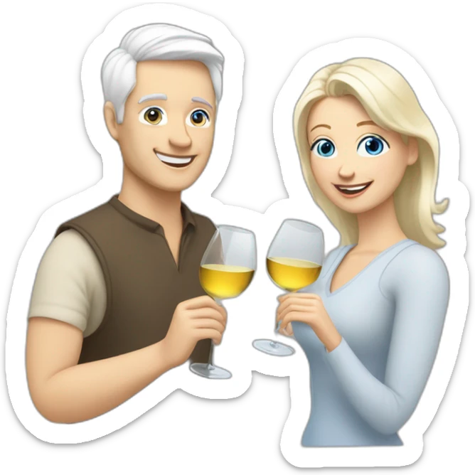 white man with blue eyes and grey hair and white woman with brown eyes and blond hair toasting with each other with two white wine sticker