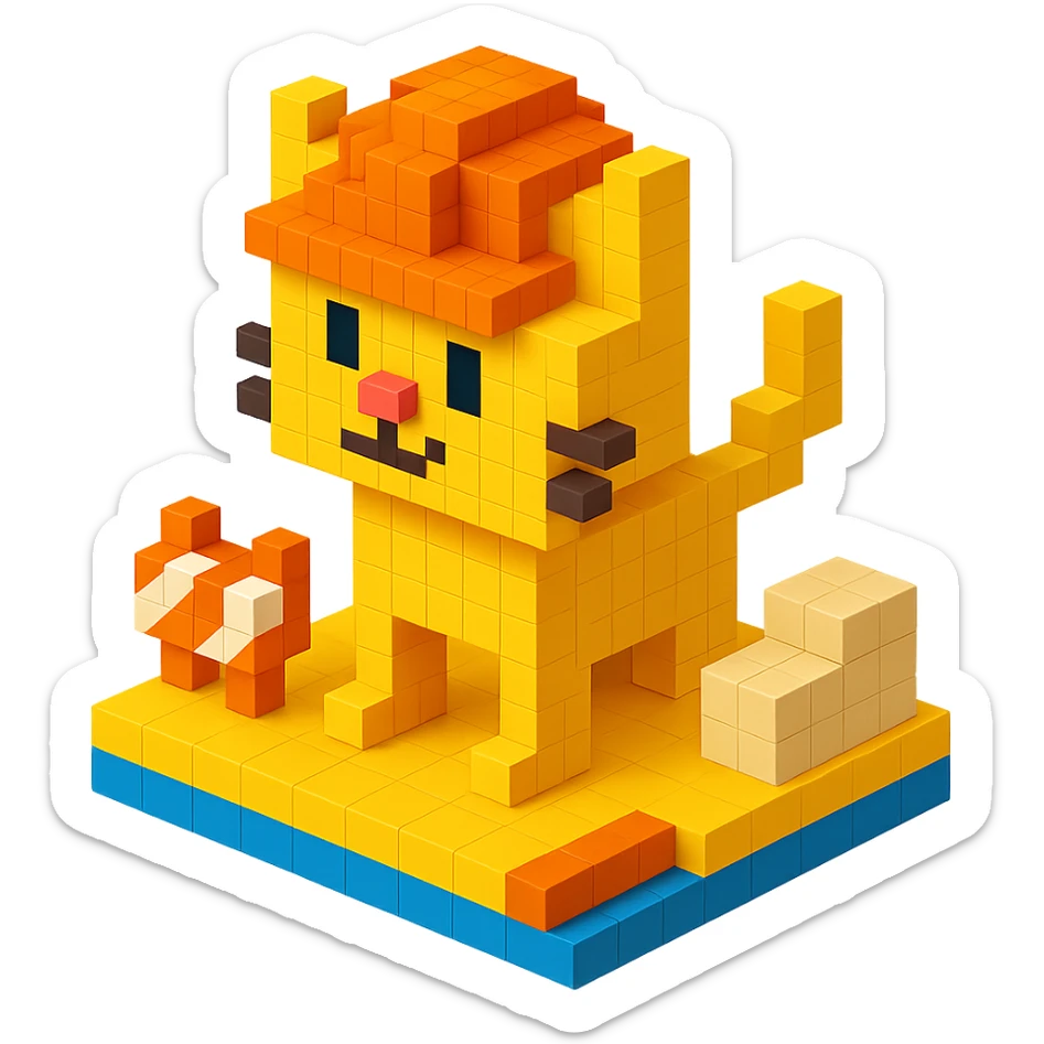 cat in orange safety helmet standing on a construction site in voxel style sticker