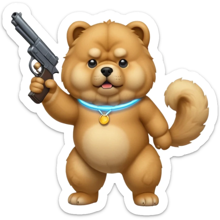 Funny cartoon-style chow chow dog with light fur standing on its hind legs and holding a gun menacingly sticker
