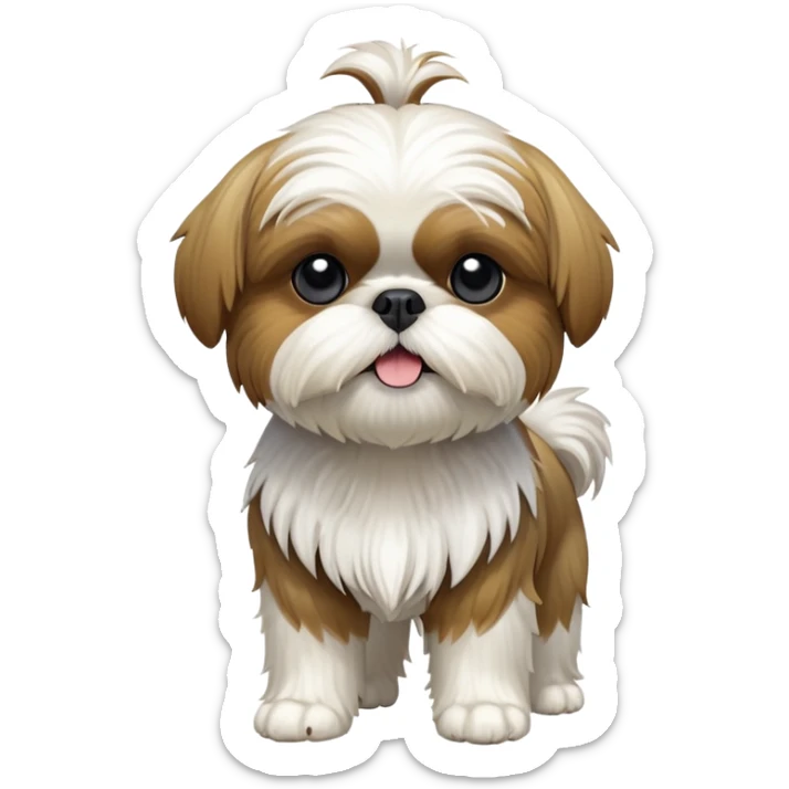 cinematic-[Shish tzu]-realistic-full-body-standing-emoji,-tail-resting-loosely-beside-its-paws,-head-tilted-dramatically, -scruffy-[white]-fur,-simplified-yet-realistic-focused-features,-highly-detailed,-glowing-with-an-almost-sarcastic-glow sticker
