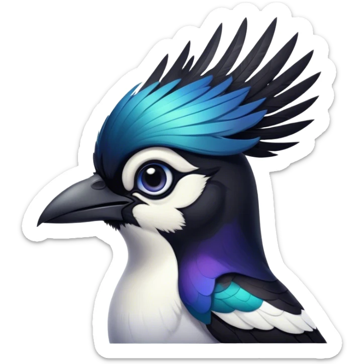 Cinematic Noble Magpie Portrait Emoji, Poised and sleek, with striking, iridescent black and white plumage, a sharp, inquisitive beak, and intense, observant eyes, Simplified yet sharp and sophisticated features, highly detailed, glowing with a soft, urban gleam, high shine, intelligent and graceful, stylized with an air of mischievous charm, focused and alert, soft glowing outline, capturing the essence of a watchful and confident magpie that appears ready to dart out of the screen with effortless authority! sticker
