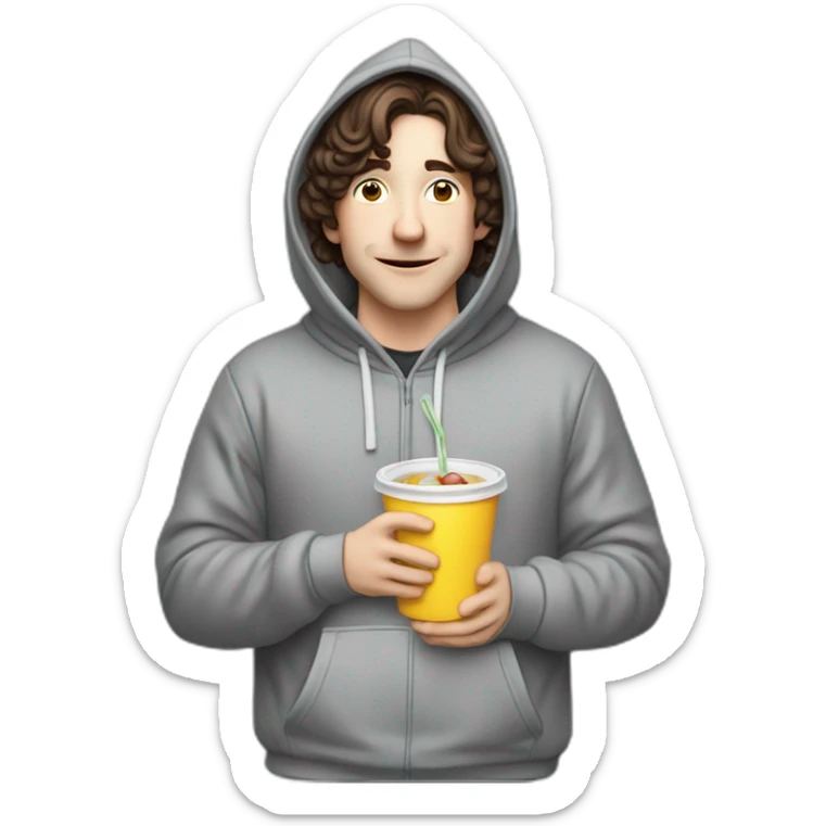 Bighead josh brener from silicon valley in hoodie sittin holding a big gulp sticker