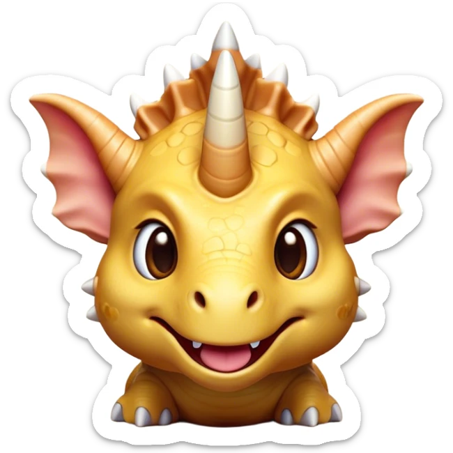 Cinematic Cute Triceratops Portrait Emoji, Head tilted playfully with a gentle smile, featuring a compact, sturdy body with three adorably prominent horns and a charmingly frilled head, Simplified yet irresistibly adorable features, highly detailed, glowing with a warm, inviting earthy glow, high shine, affectionate and lively, stylized with a touch of whimsical dinosaur charm, soft glowing outline, capturing the essence of a mischievous yet endearing Triceratops that seems as if it could trot out of the screen into your arms! sticker