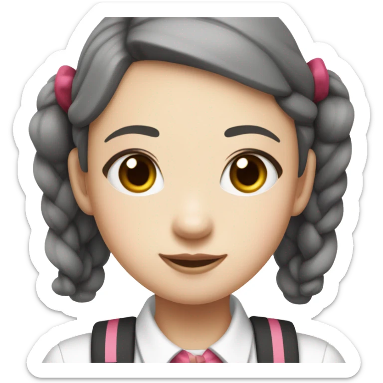 Pale Korean girl with dark red pigtails and bands smiling with pink lips and white collared short sleeve short u sticker