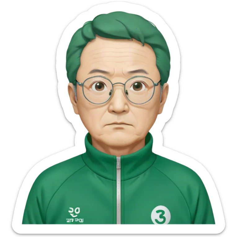 Park Ju-un is a middle-aged man, around 45 years old, green tracksuit, with tired eyes that carry the weight of a lifetime of struggles. His thin-framed glasses sit slightly crooked on his nose, one lens showing a faint crack from an earlier scuffle. His black hair, streaked with strands of gray, is unkempt and damp with sweat.

His face is gaunt, with deep wrinkles lining his forehead and around his mouth, evidence of years of stress and hardship. He wears the standard green Squid Game tracksuit (#369), but his jacket is slightly loose on his thin frame, and the collar is stained with sweat. His hands, slightly calloused from years of office work, tremble as he grips the small needle. sticker