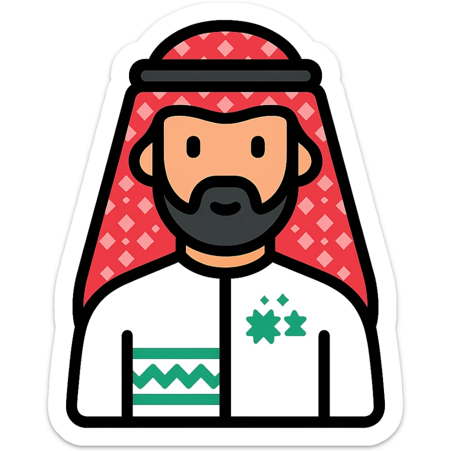 icon of Saudi culture showing a man in a thobe and shemagh with subtle cultural motifs, sleek modern style sticker