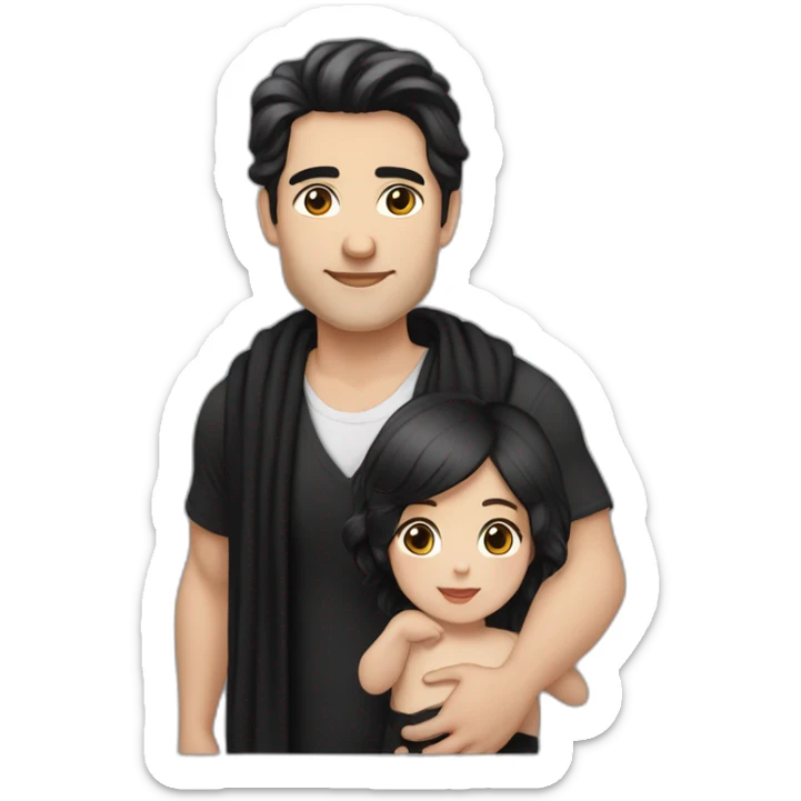 Daddy with black hair, white skin tone wear black shirt. His wife has white skin wear black long blaus, black shawl. The baby wear black tshirt sticker