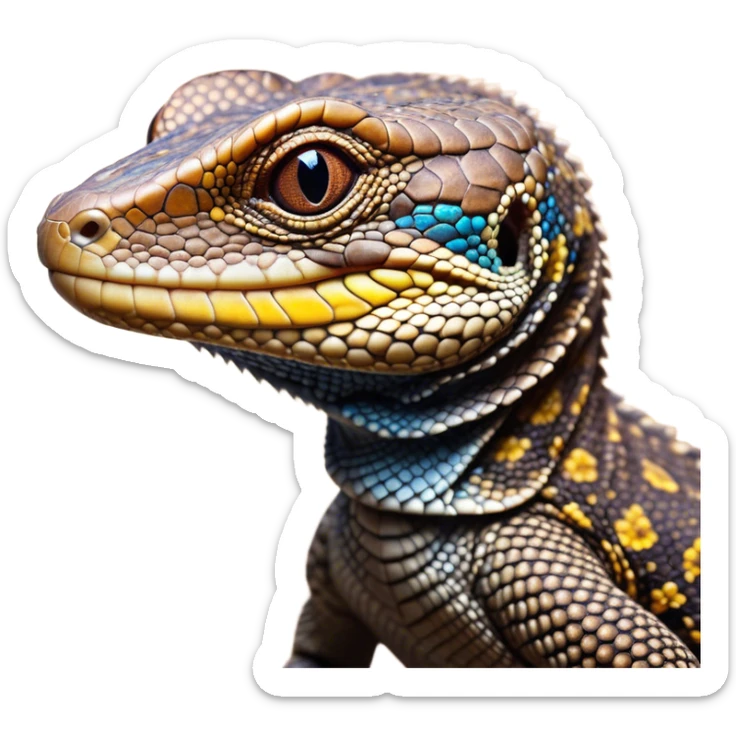 Cinematic Cute brown camo spotted monitor Lizard Portrait Emoji, Head tilted playfully and inquisitively, with a sleek, patterned body accented by vibrant hues and round, sparkling eyes full of wonder, Simplified yet irresistibly adorable features, highly detailed, glowing with a warm, friendly glow, high shine, affectionate and lively, stylized with a touch of exotic charm, bright and endearing, soft glowing outline, capturing the essence of a mischievous yet captivating lizard that seems as if it could scuttle out of the screen into your arms! sticker
