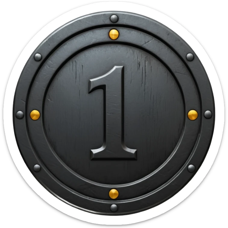 Minimal emoji, gothic metal coin made of black steel, engraved number 1 at the center, ancient industrial aesthetic, worn metal texture, no glow, no neon, flat emoji design, centered, transparent background sticker