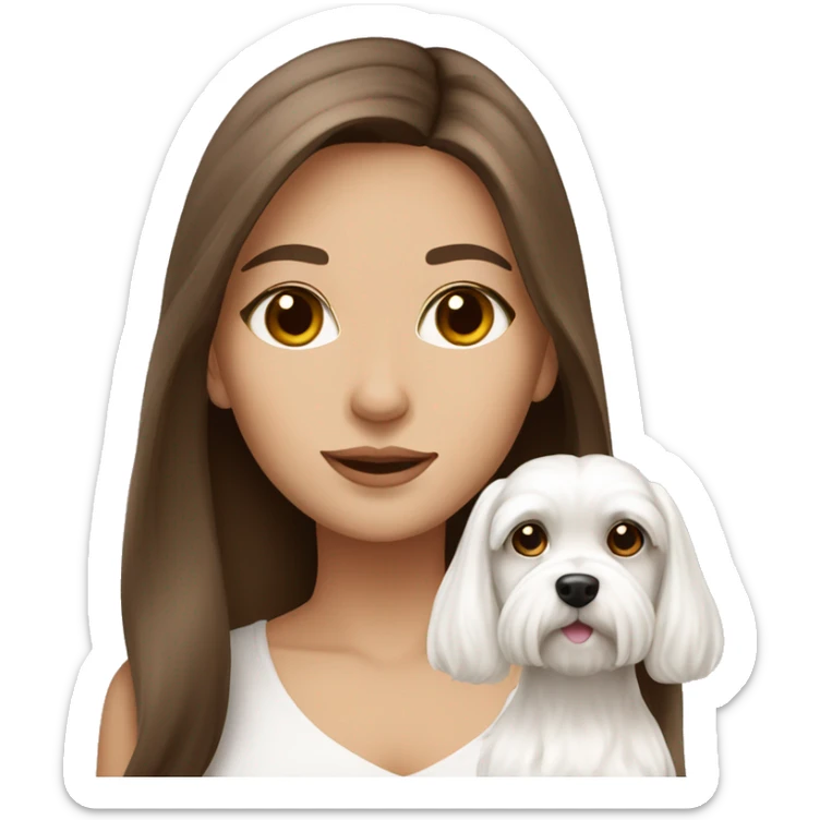 beautiful woman, straight long medium brown hair, brown eyes With white Maltese dog sticker