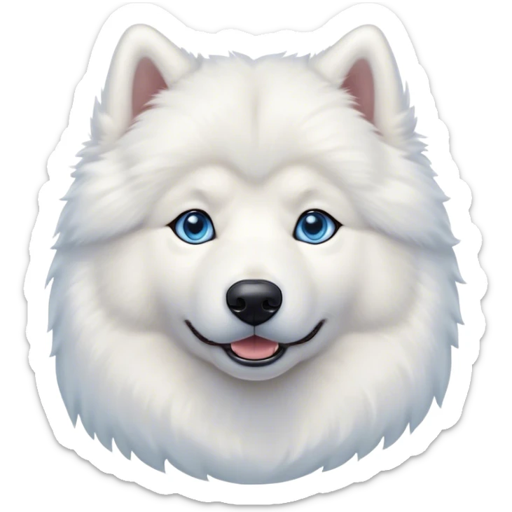 Cinematic Noble Samoyed Portrait Emoji, Poised and regal, with a majestic, sturdy build and a luxuriously fluffy pure white Fur, deep-set soulful blue eyes, Simplified yet sharp and sophisticated features, highly detailed, glowing with a soft, dignified glow, high shine, intelligent and gentle, stylized with an air of elegance, focused and attentive, soft glowing outline, capturing the essence of a watchful and confident companion, so majestic it feels as though it could bound out of the screen with effortless authority! sticker