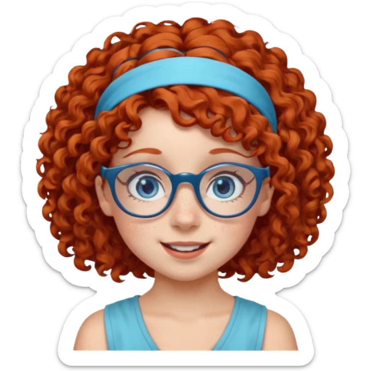 redhead kid with unique face features and very curly hair kid girl happy and big glasess and big nose and very blue eyes and headband with freckles sticker