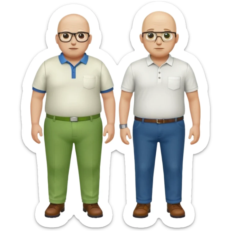 two guys, the first guy is white bald have glases a white dressshirt with rolled up sleeves and green pants he is over weight, The second guy has a yellow skin white golf shirt blue jeans and bald they should stand next to eachother sticker