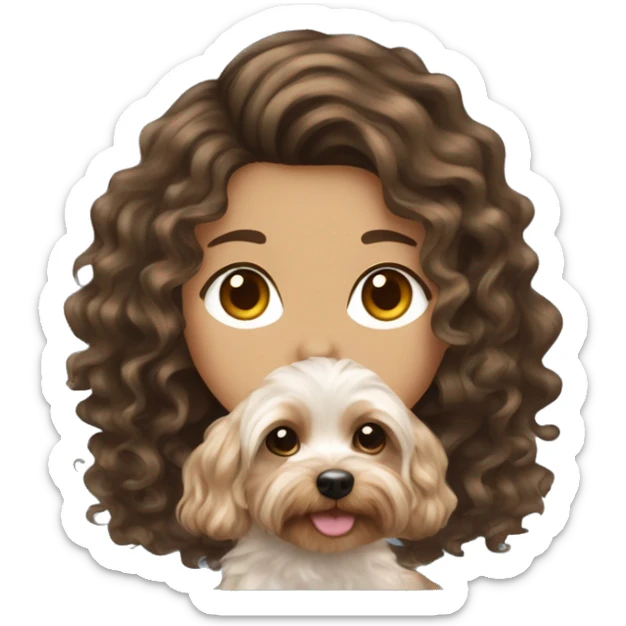 curly medium length brunette hair, white women holding a cute yorkie dog sticker
