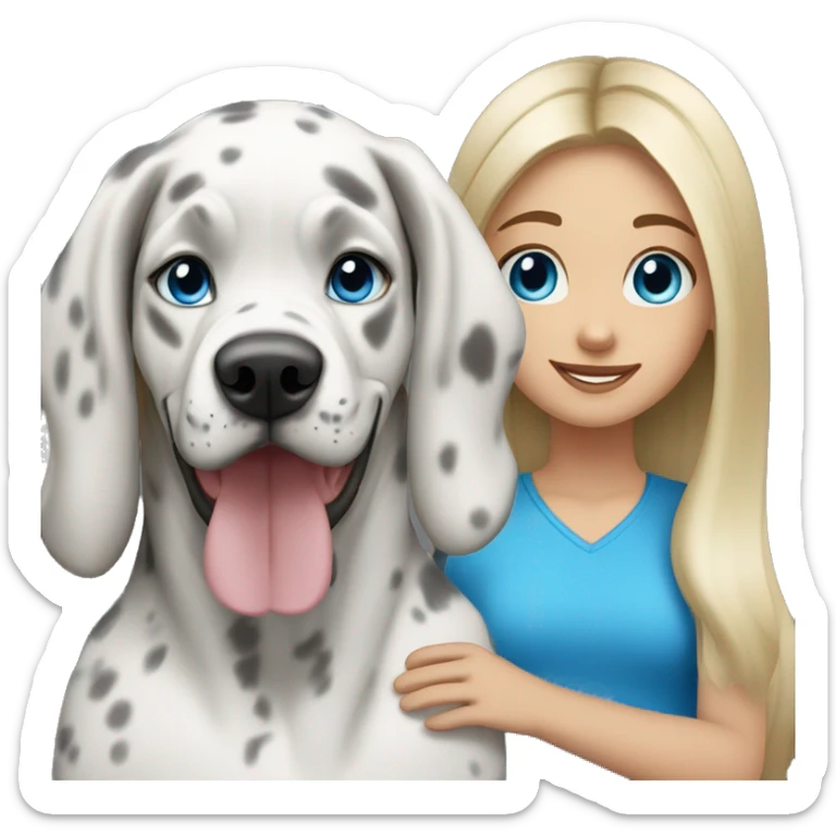 Blonde girl with blue eyes and long hair with a blue merle great dane dog sticker