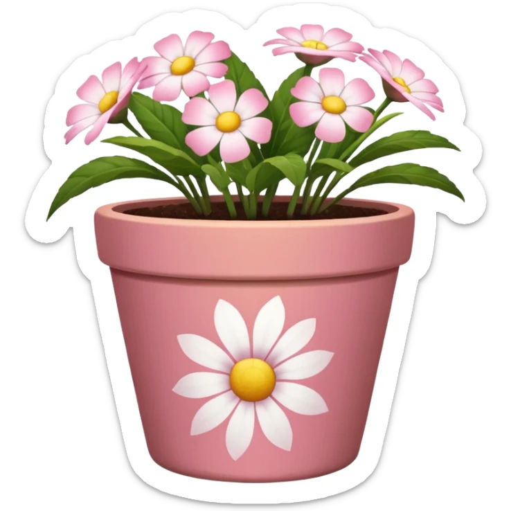 plant pot in terra cota with white and pink flowers print painted on the pot sticker